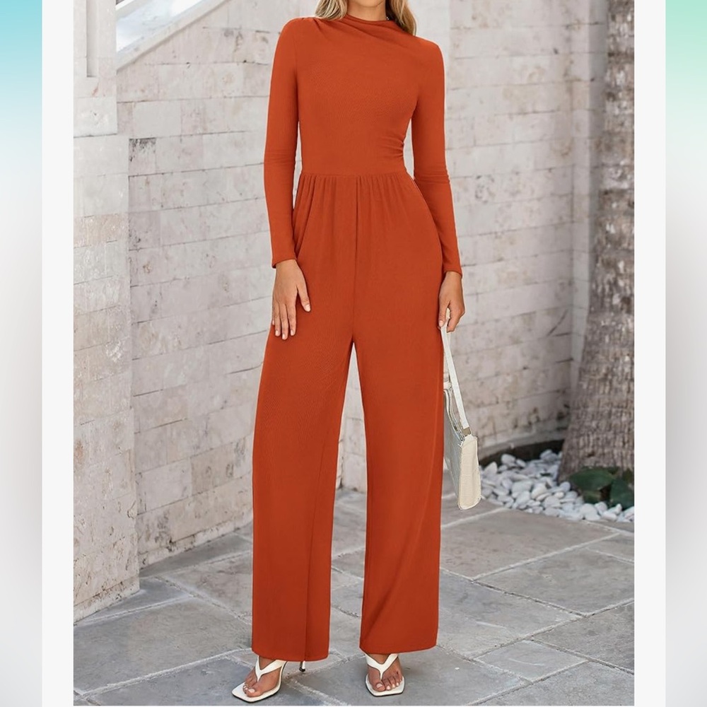 BTFBM Jumpsuit Long Sleeve Wide Pant Romper Mock Neck Ruched Fall Orange L 12 14